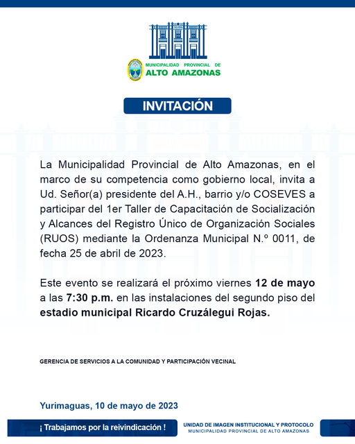 INVITACI&Oacute;N A 1ER TALLER DE CAPACITACI&Oacute;N DE SOCIALIZACI&Oacute;N