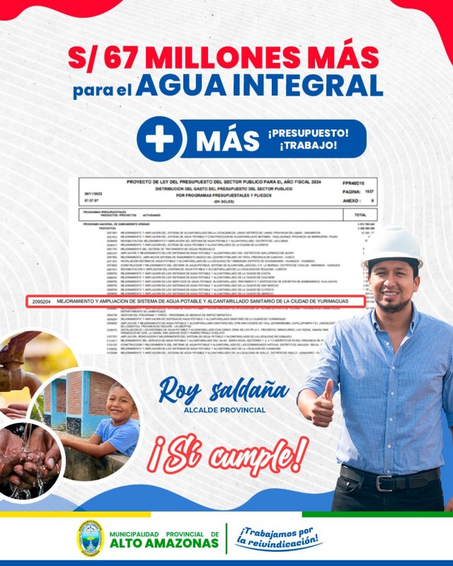S/ 67 MILLONES M&Aacute;S PARA EL PROYECTO DE AGUA INTEGRAL