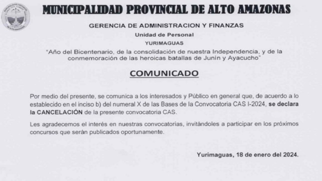 Cancelación de la Presente Convocatoria CAS