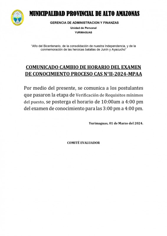 Comunicado: Cambio de horario del examen de conocimiento Proceso CAS N°II-2024-MPAA.