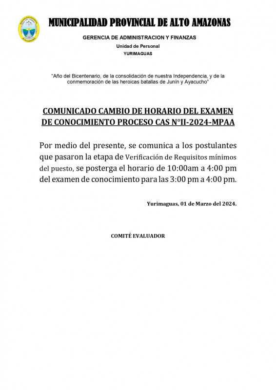 Comunicado: Cambio de horario del examen de conocimiento Proceso CAS N&deg;II-2024-MPAA.