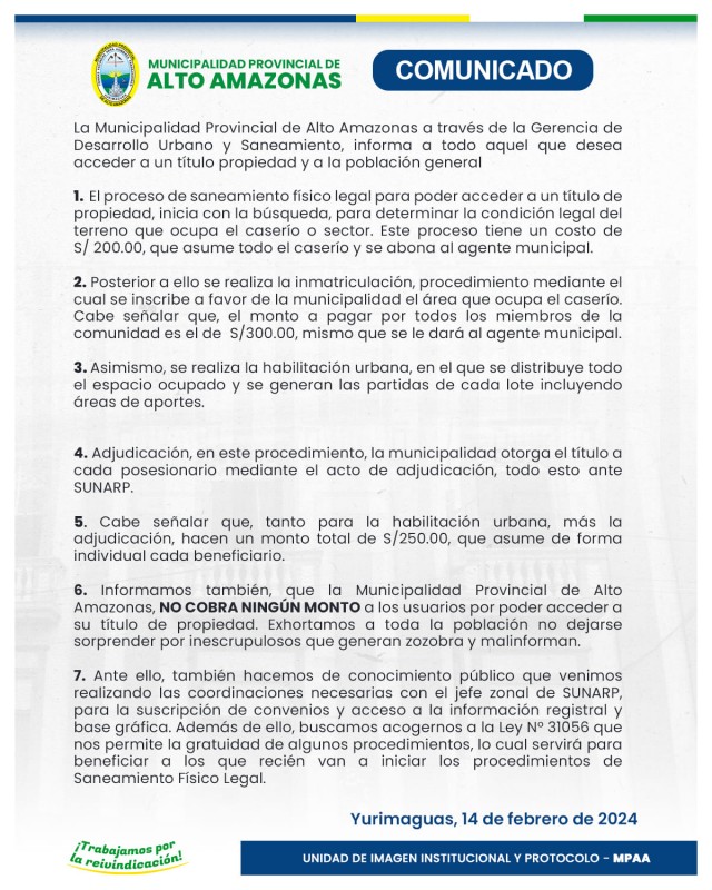 Comunicado de Gerencia de Desarrollo Humano y Saneamiento