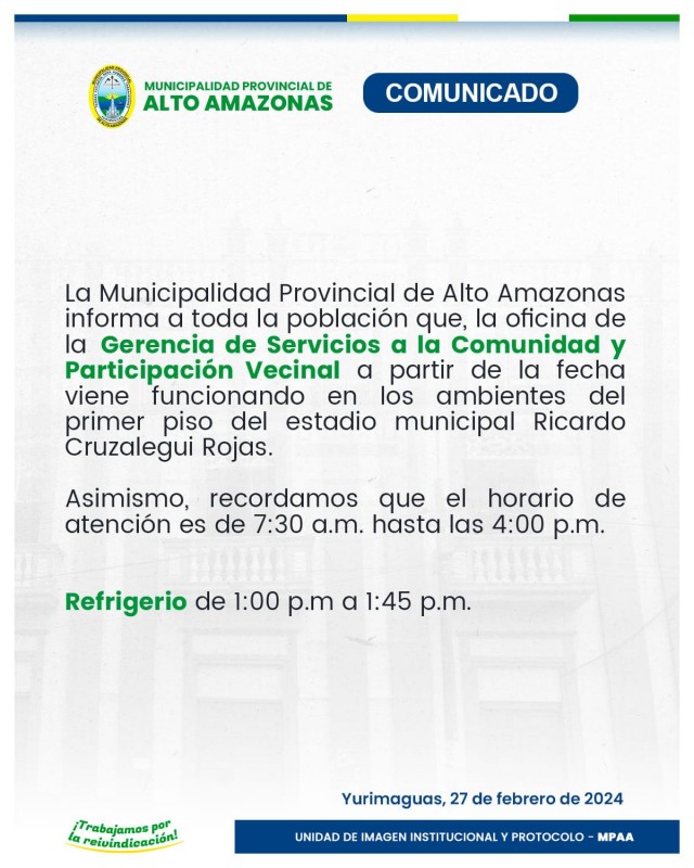 Comunicado de Gerencia de Servicios a la Comunidad y Participación Vecinal