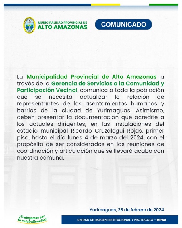 Comunicado de Gerencia de Servicios a la Comunidad y Participación Vecinal